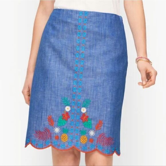 Talbots Embroidered Aline Skirt Linen Cotton Blend, Scalloped Hem Size 8P - Picture 2 of 5